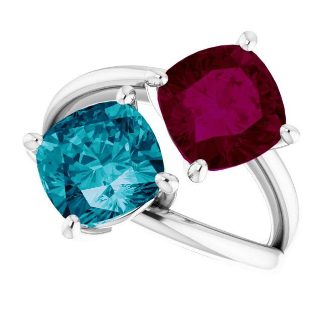 14K Gold Cushion Natural London Blue Topaz & Natural Rhodolite Garnet Two-Stone Ring - White Gold - view 5