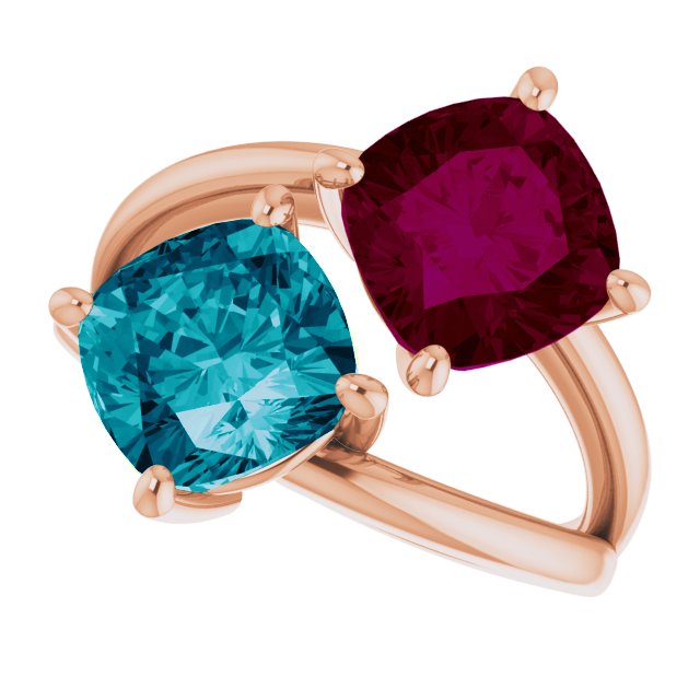 14K Gold Cushion Natural London Blue Topaz & Natural Rhodolite Garnet Two-Stone Ring - Rose Gold - view 5