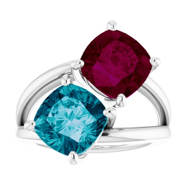 Platinum Cushion Natural London Blue Topaz & Natural Rhodolite Garnet Two-Stone Ring - view 3