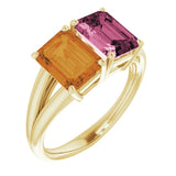 14K Gold Emerald Natural Pink Tourmaline & Natural Citrine Two-Stone Ring