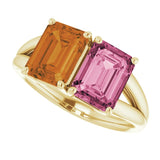 14K Gold Emerald Natural Pink Tourmaline & Natural Citrine Two-Stone Ring - view 5