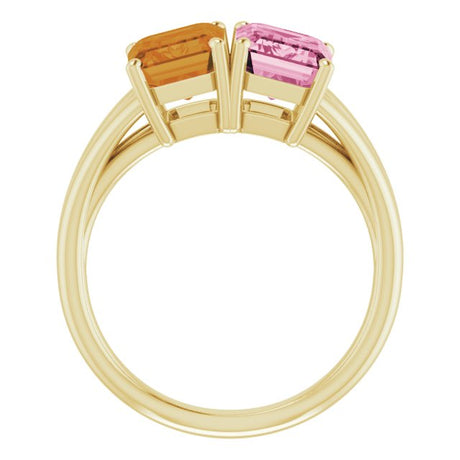 14K Gold Emerald Natural Pink Tourmaline & Natural Citrine Two-Stone Ring - view 2