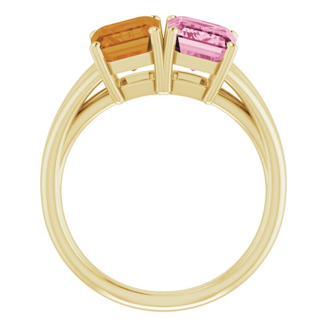 14K Gold Emerald Natural Pink Tourmaline & Natural Citrine Two-Stone Ring - view 2