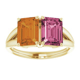 14K Gold Emerald Natural Pink Tourmaline & Natural Citrine Two-Stone Ring - view 3