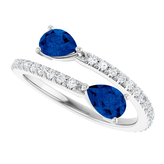 Platinum Pear Natural Blue Sapphire Two-Stone Bypass Ring - view 15