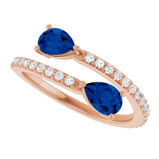 14K Gold Pear Natural Blue Sapphire Two-Stone Bypass Ring - Rose Gold - view 15