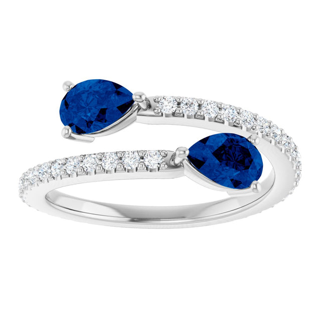 Platinum Pear Lab-Grown Blue Sapphire Two-Stone Bypass Ring - view 13