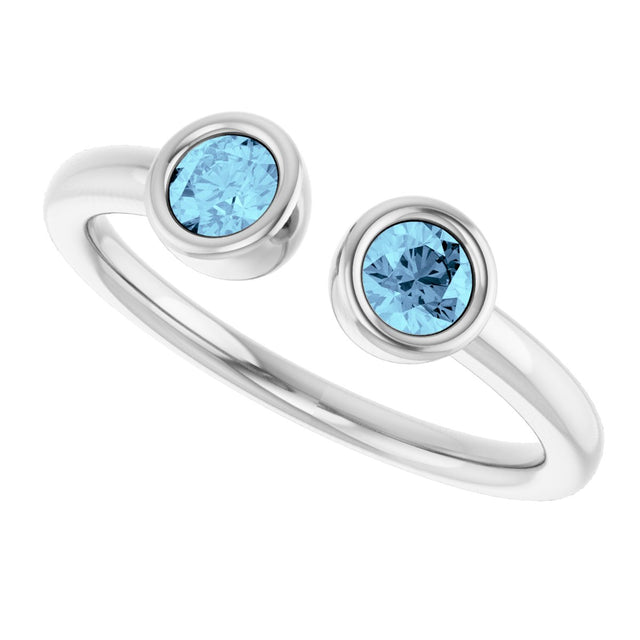 14K Gold Round Natural Aquamarine Bezel-Set Two-Stone Ring - White Gold - view 5