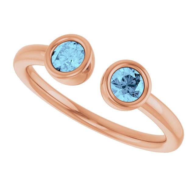 14K Gold Round Natural Aquamarine Bezel-Set Two-Stone Ring - Rose Gold - view 5