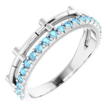 14K Gold Round Natural Aquamarine Stackable Cross Ring - White Gold