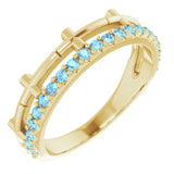 14K Gold Round Natural Aquamarine Stackable Cross Ring - Yellow Gold