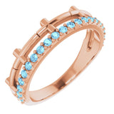 14K Gold Round Natural Aquamarine Stackable Cross Ring - Rose Gold