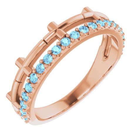 14K Gold Round Natural Aquamarine Stackable Cross Ring - Rose Gold