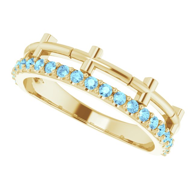 14K Gold Round Natural Aquamarine Stackable Cross Ring - Yellow Gold - view 5