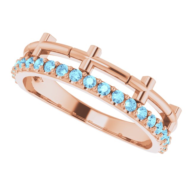 14K Gold Round Natural Aquamarine Stackable Cross Ring - Rose Gold - view 5