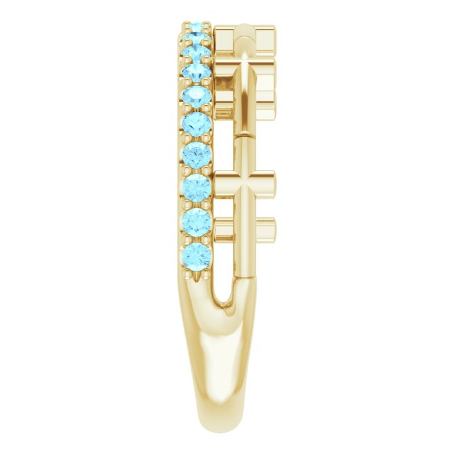 14K Gold Round Natural Aquamarine Stackable Cross Ring - Yellow Gold - view 4