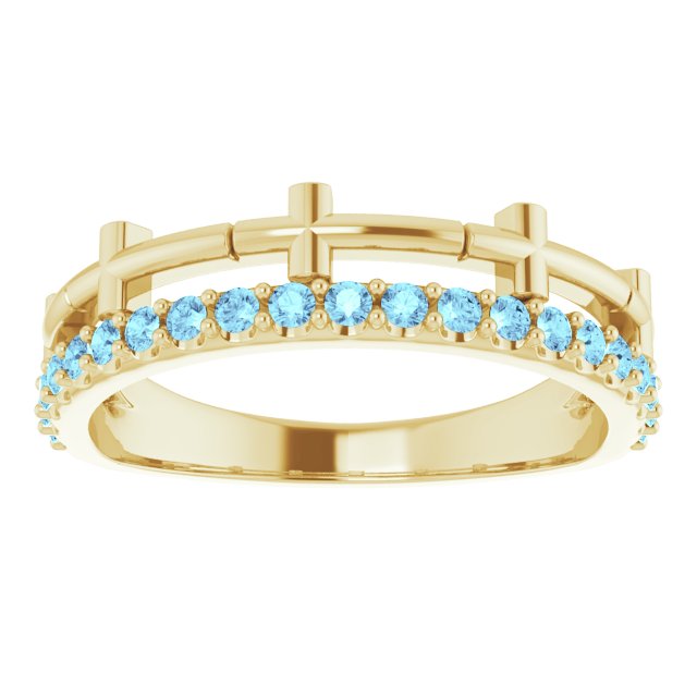 14K Gold Round Natural Aquamarine Stackable Cross Ring - Yellow Gold - view 3