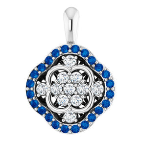 Platinum Round Natural Blue Sapphire & Natural Diamond Halo-Style Cluster Necklace or Pendant – 1/3 CTW