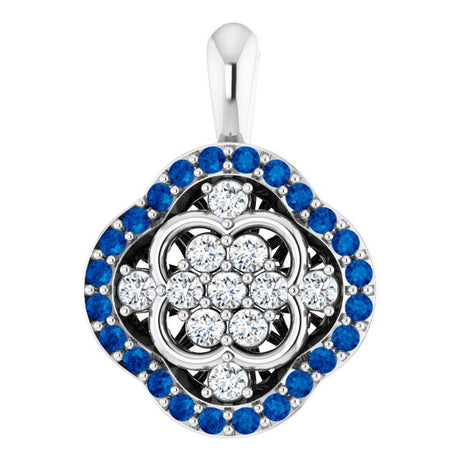 14K Gold Round Natural Blue Sapphire & Natural Diamond Halo-Style Cluster Necklace or Pendant – 1/3 CTW · 2mm - White Gold