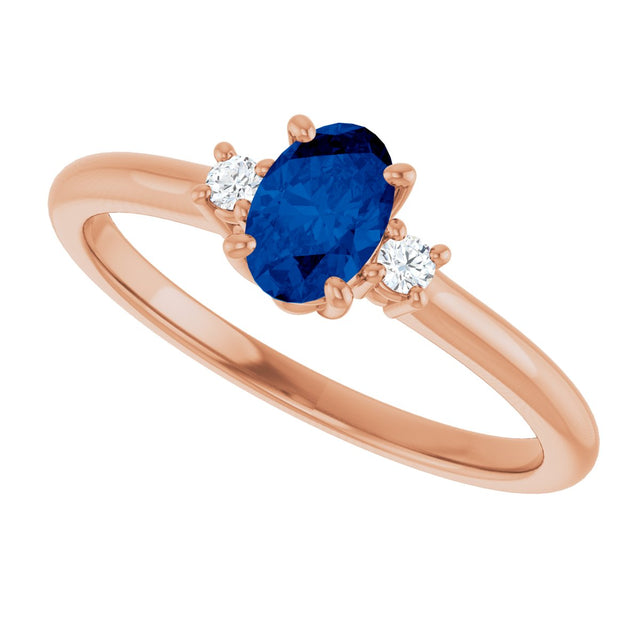 14K Gold Oval Lab-Grown Blue Sapphire & Natural Diamond Accented Ring – 6mm Stones - Rose Gold - view 5