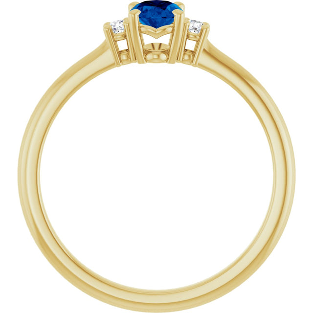 14K Gold Oval Lab-Grown Blue Sapphire & Natural Diamond Accented Ring – 6mm Stones - Yellow Gold - view 2