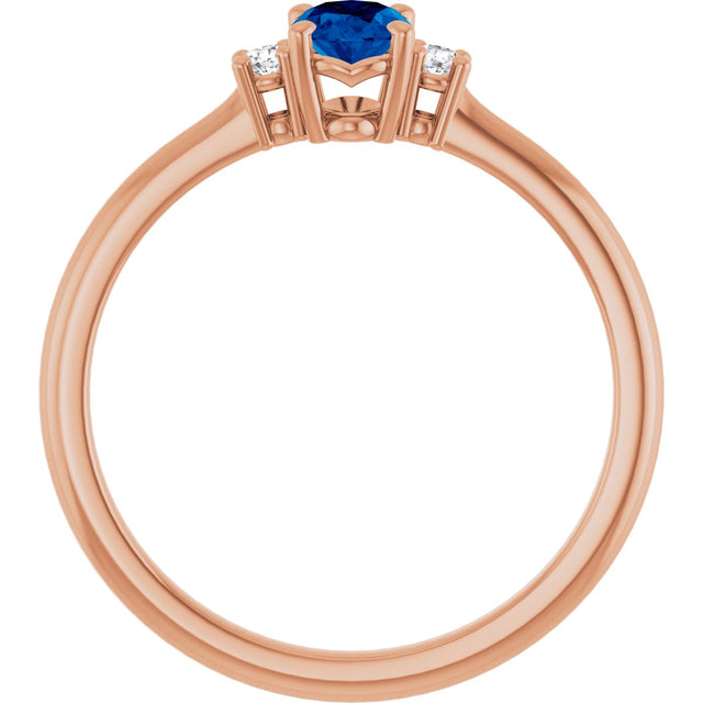 14K Gold Oval Lab-Grown Blue Sapphire & Natural Diamond Accented Ring – 6mm Stones - Rose Gold - view 2