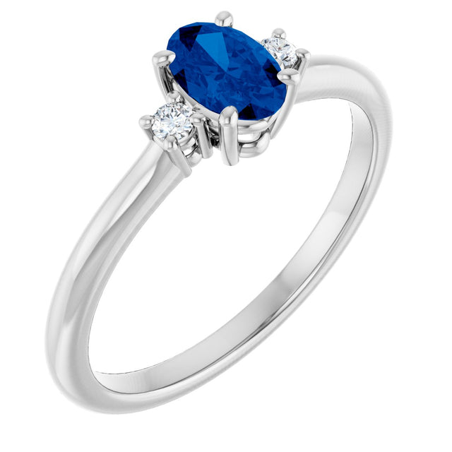 14K Gold Oval Lab-Grown Blue Sapphire & Natural Diamond Accented Ring – 6mm Stones - White Gold