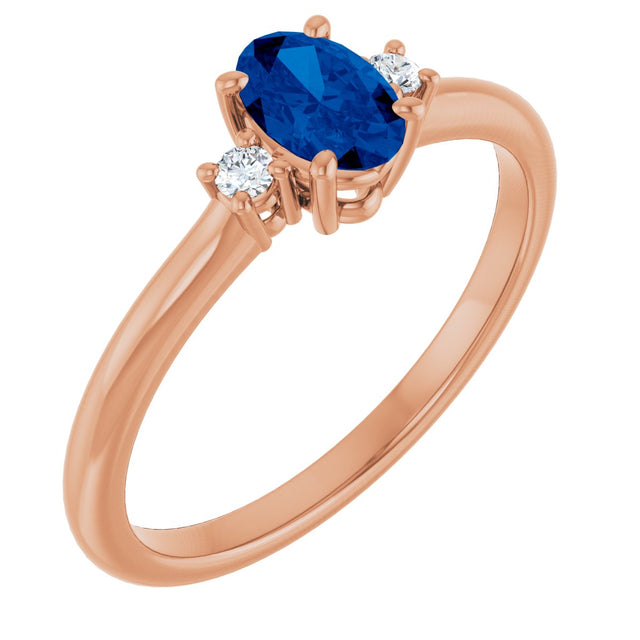14K Gold Oval Lab-Grown Blue Sapphire & Natural Diamond Accented Ring – 6mm Stones - Rose Gold