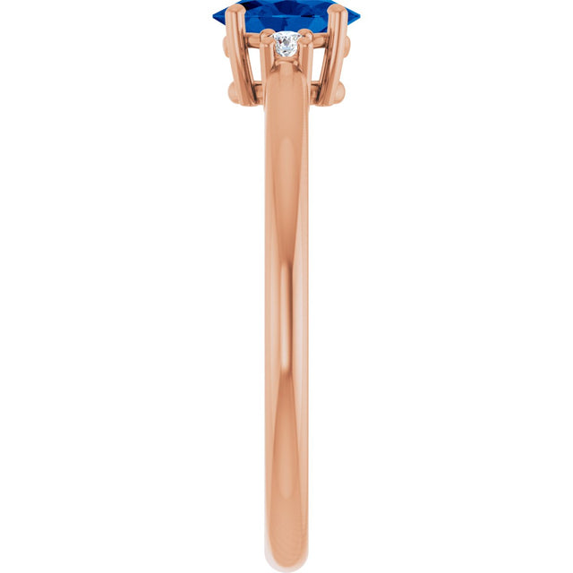 14K Gold Oval Lab-Grown Blue Sapphire & Natural Diamond Accented Ring – 6mm Stones - Rose Gold - view 4