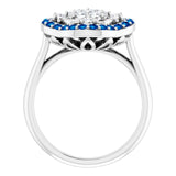 Platinum Round Natural Blue Sapphire & Natural Diamond Halo-Style Cluster Ring - view 2