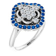 Platinum Round Natural Blue Sapphire & Natural Diamond Halo-Style Cluster Ring