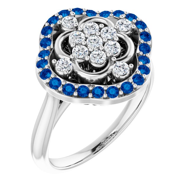 Platinum Round Natural Blue Sapphire & Natural Diamond Halo-Style Cluster Ring