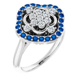 14K Gold Round Natural Blue Sapphire & Natural Diamond Halo-Style Cluster Ring – 2mm Stones - White Gold