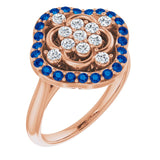 14K Gold Round Natural Blue Sapphire & Natural Diamond Halo-Style Cluster Ring – 2mm Stones - Rose Gold