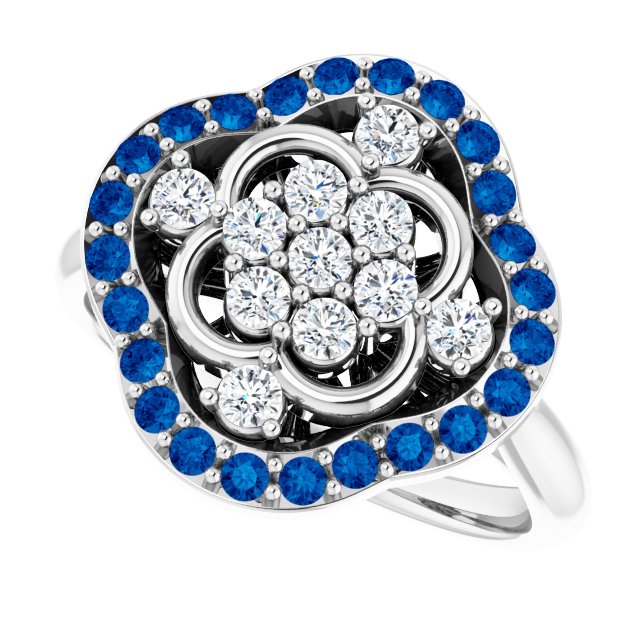 14K Gold Round Natural Blue Sapphire & Natural Diamond Halo-Style Cluster Ring – 2mm Stones - White Gold - view 5