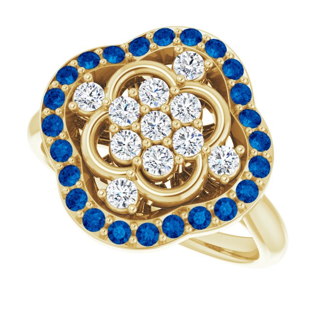 14K Gold Round Natural Blue Sapphire & Natural Diamond Halo-Style Cluster Ring – 2mm Stones - Yellow Gold - view 5