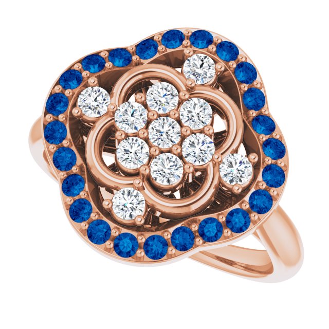 14K Gold Round Natural Blue Sapphire & Natural Diamond Halo-Style Cluster Ring – 2mm Stones - Rose Gold - view 5
