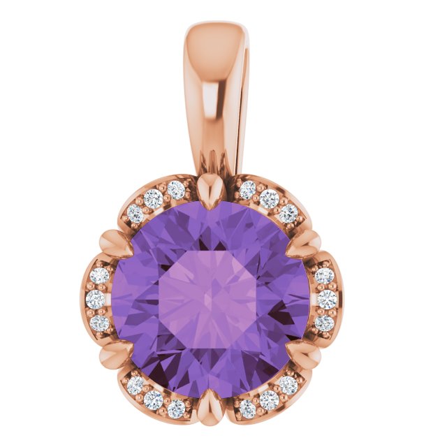 14K Gold Round Natural Amethyst & Natural Diamond Halo-Style Pendant – 0.04 CTW - Rose Gold