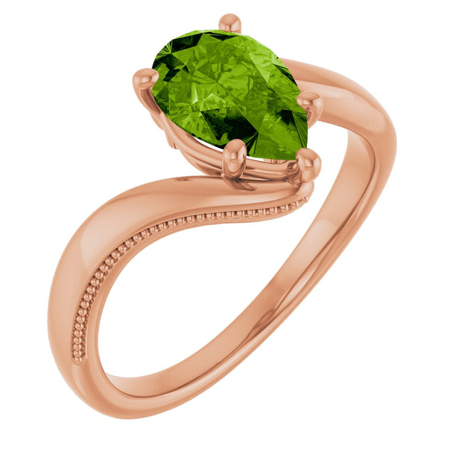 14K Gold Pear Natural Peridot Solitaire Ring – 9x6mm - Rose Gold