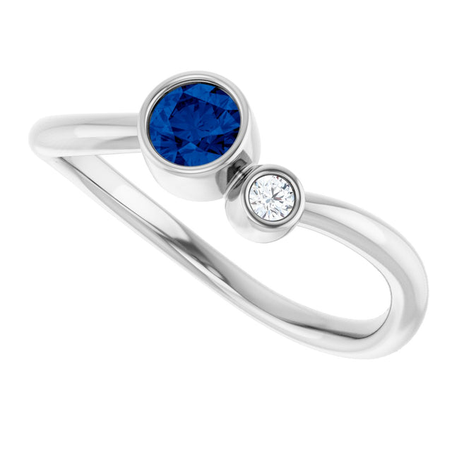 Platinum Round Lab-Grown Blue Sapphire Accented Bezel-Set Ring - view 10
