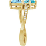 14K Gold Pear Natural Aquamarine & Natural London Blue Topaz & Natural Diamond Two-Stone Ring - Yellow Gold - view 4