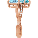 14K Gold Pear Natural Aquamarine & Natural London Blue Topaz & Natural Diamond Two-Stone Ring - Rose Gold - view 5