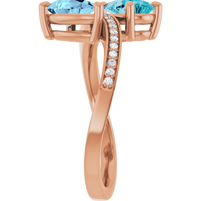 14K Gold Pear Natural Aquamarine & Natural London Blue Topaz & Natural Diamond Two-Stone Ring - Rose Gold - view 5