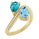 14K Gold Pear Natural Aquamarine & Natural London Blue Topaz & Natural Diamond Two-Stone Ring - Yellow Gold