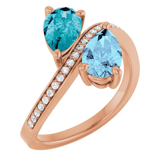 14K Gold Pear Natural Aquamarine & Natural London Blue Topaz & Natural Diamond Two-Stone Ring - Rose Gold