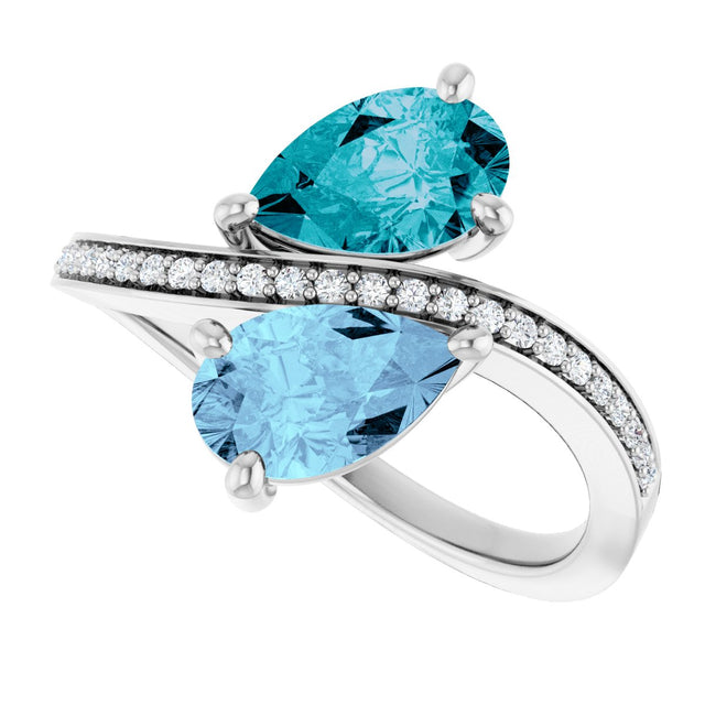 14K Gold Pear Natural Aquamarine & Natural London Blue Topaz & Natural Diamond Two-Stone Ring - White Gold - view 5