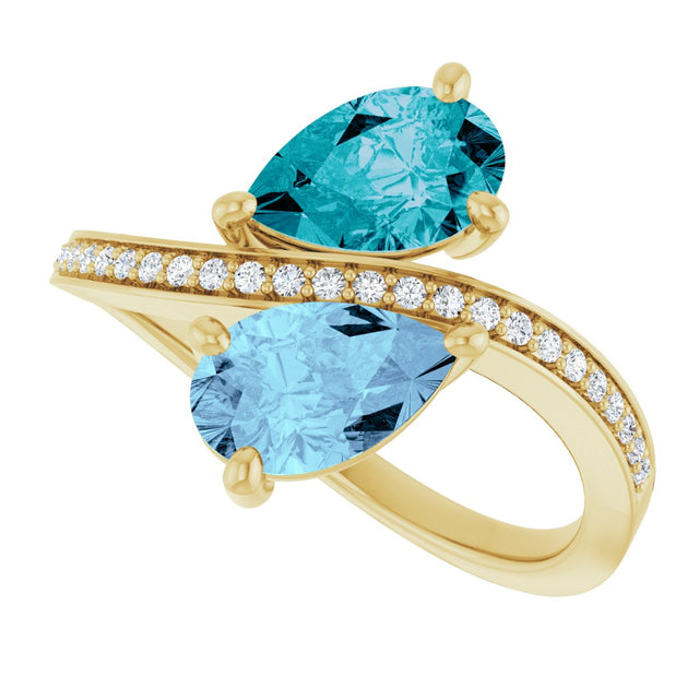 14K Gold Pear Natural Aquamarine & Natural London Blue Topaz & Natural Diamond Two-Stone Ring - Yellow Gold - view 5