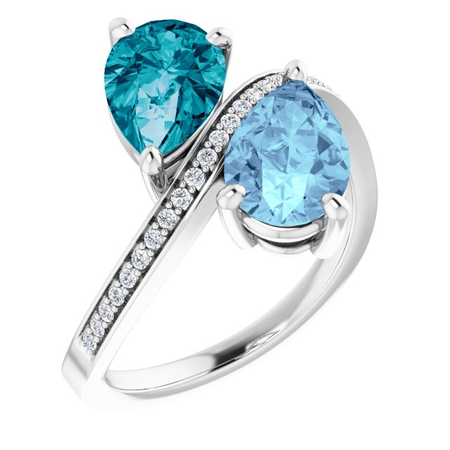 14K Gold Pear Natural Aquamarine & Natural London Blue Topaz & Natural Diamond Two-Stone Ring - Rose Gold - view 4