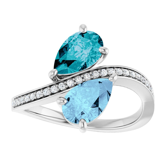 Platinum Pear Natural Aquamarine & Natural London Blue Topaz & Natural Diamond Two-Stone Ring - view 3