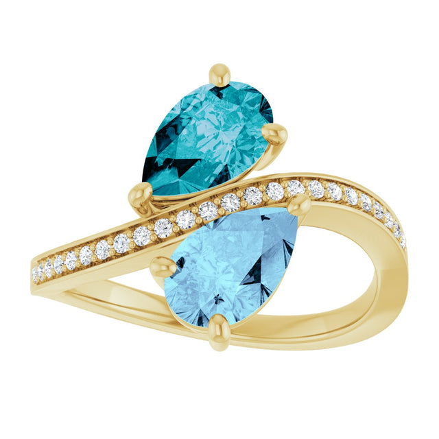 14K Gold Pear Natural Aquamarine & Natural London Blue Topaz & Natural Diamond Two-Stone Ring - Yellow Gold - view 3
